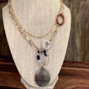 Teardrop Abalone Oval Wood Celluloid Acetate Pearl Link Double Layered Necklace